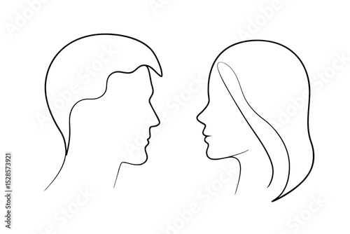 Minimalist line drawing of a man and woman facing each other