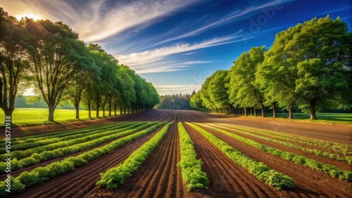 Serene Sunrise over Lush Green Rows of Cultivated Crops Flanked by Majestic Trees on a Tranquil Countryside Road