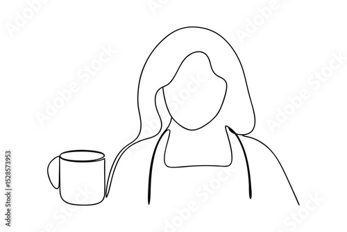 Woman with coffee cup line drawing minimalist art