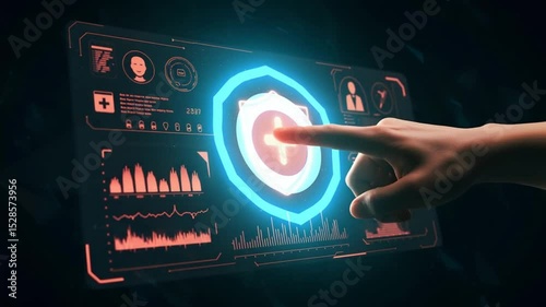 Touching Glowing Shield Icon on Digital Interface Screen
