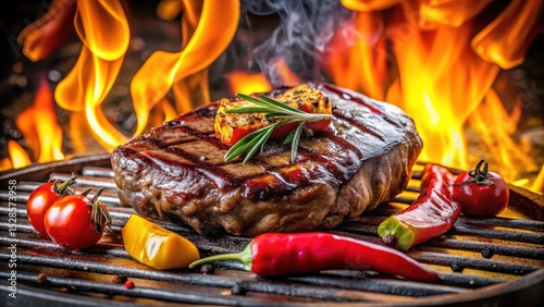 A succulent grilled steak, perfectly seared and seasoned, rests on a hot grill amidst vibrant flames, accompanied by roasted cherry tomatoes and colorful peppers.