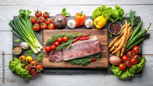 Aromatic Fish Fillet with Vibrant Assortment of Fresh Vegetables and Herbs on Rustic Wooden Board
