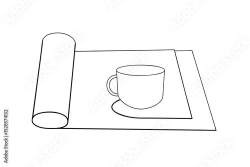 Simple line drawing of a mug on a rolled up paper