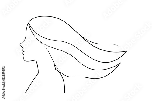Woman profile line drawing long hair blowing wind