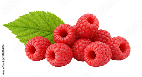 Closeup of fresh raspberries with green leaf isolated on white background