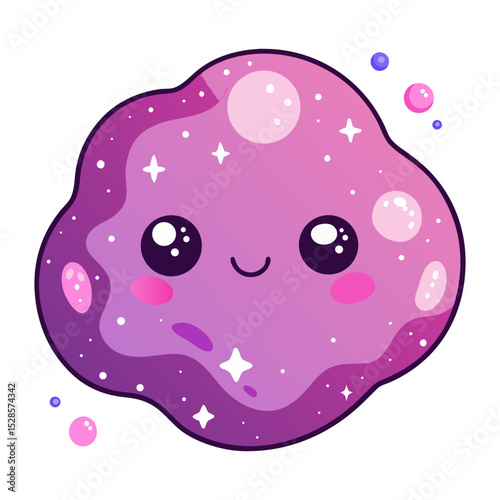 A charming, stylized purple blob character with big, expressive eyes, rosy cheeks, and a smile, adorned with scattered white and pink dots and yellow stars.