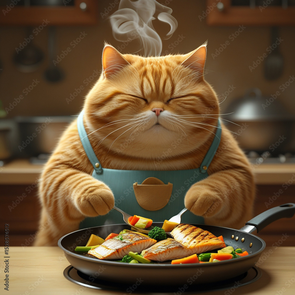 Fototapeta premium A chubby orange tabby in an apron blankly eats grilled fish and veggies from a steaming pan at a kitchen table—whimsical, absurd, and warmly lit. Generated With AI Image.