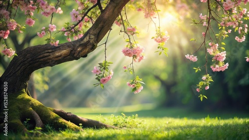 Serene Springtime Scene Sunlight Dapples Through Blossoms on Ancient Tree, Roots Embracing Verdant Grass
