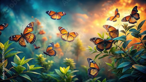 A vibrant sunrise illuminates a lush garden scene where numerous monarch butterflies flutter amidst verdant foliage, creating an enchanting spectacle of nature's beauty.