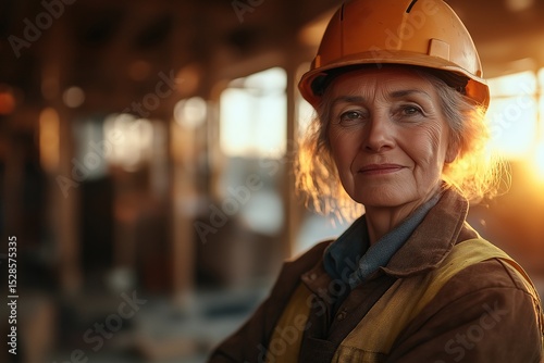 Confident Female Construction Worker in Hardhat at Sunset on Site - Embracing Safety and Professionalism