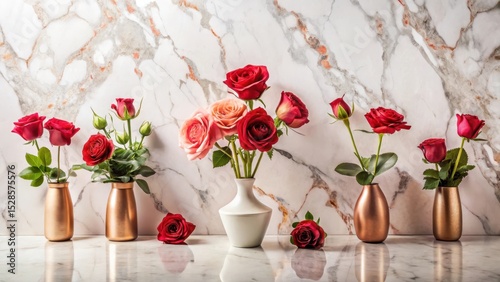A Romantic Arrangement of Roses in Elegant Vessels Against a Marble Background