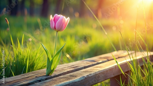 A Delicate Pink Tulip Blossoms in the Golden Hour Sunlight, Growing Unexpectedly from a Rustic Wooden Bench in a Verdant Meadow