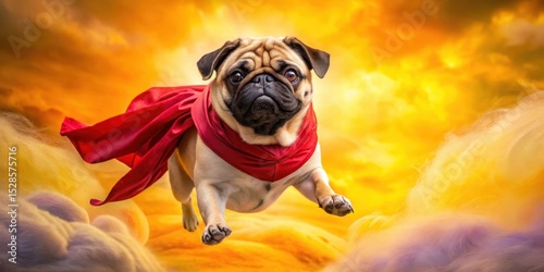 A Pug Dog Soaring Through a Colorful Sky Wearing a Red Cape