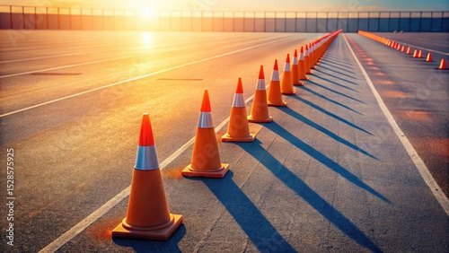 Golden Hour Cones on Asphalt Track A Linear Perspective of Safety Markers at Sunset