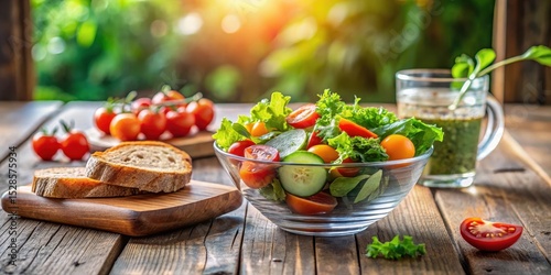 Refreshing Summer Salad with Crusty Bread and Green Dressing on Rustic Wooden Table