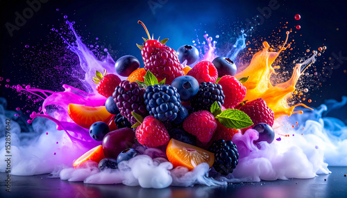 Berry explosion frozen mid air with liquid nitrogen mist. Fruit mix Concept. Generated Image