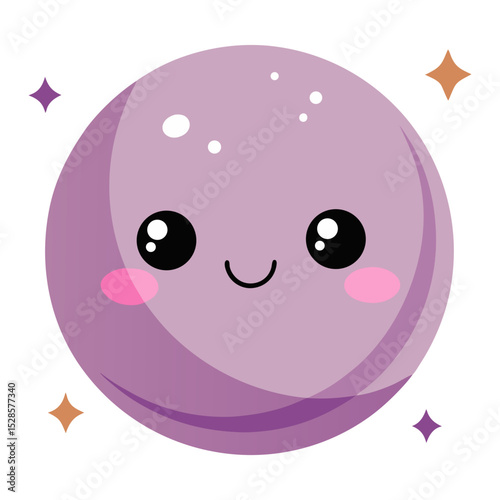 A charming, stylized purple sphere with a happy face, rosy cheeks, and sparkling elements, resembling a cute planet or moon.
