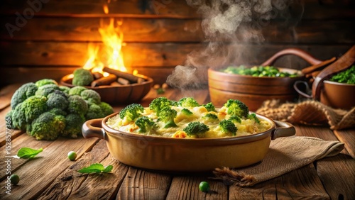 Aromatic Creamy Broccoli Casserole with Steaming Hot Mashed Potatoes, Served in Rustic Earthenware Dish Beside a Cozy Fireplace