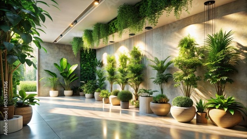 Sunlit Indoor Oasis A Serene Arrangement of Lush Greenery in Modern Architectural Setting