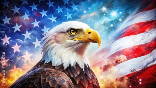 Majestic Bald Eagle Soaring Against a Vibrant Starry Flag Background