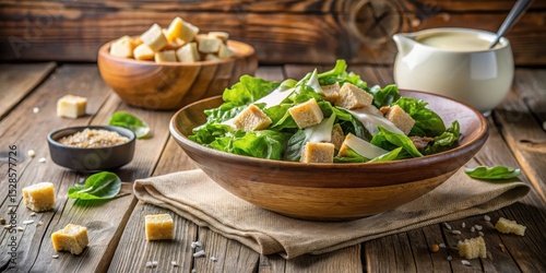 Delicious Green Salad with Creamy Dressing and Crispy Croutons in Wooden Bowl
