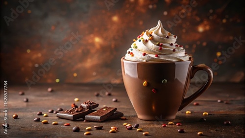 Aromatic Indulgence Whipped Cream Delight with Sprinkles and Chocolate Pieces on Rustic Wooden Surface