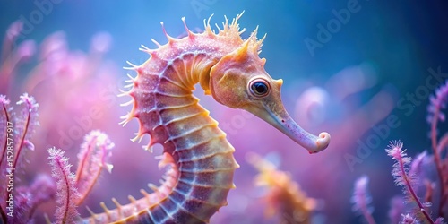 A delicately colored seahorse gracefully swims amidst vibrant aquatic flora, showcasing its intricate details and vibrant hues in a breathtaking underwater scene.