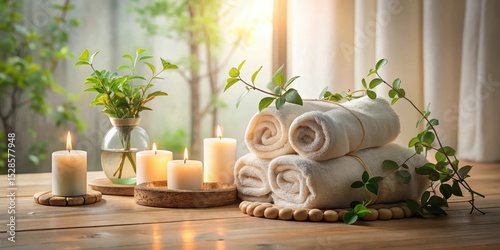 Serene Spa Setting with Rolled Towels, Candles, and Greenery on Wooden Table