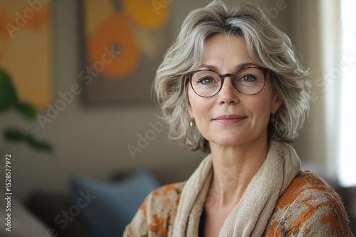 Elegant Older Woman with Grey Hair Smiling at Home in Casual Attire with Modern Decor