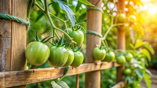 Sunlight illuminates vibrant green tomatoes growing on a wooden trellis in a garden