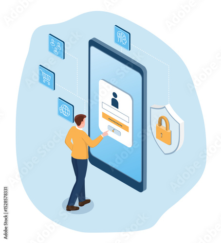 AI-powered login security with Businessman views password popup at smartphone's screen, icons signifying security features, social media, online shopping, and protective shield with a padlock.