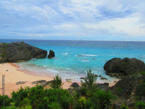 Fototapeta Naklejka Na Ścianę i Meble -  Tropical beach with sand, rocks, and sea