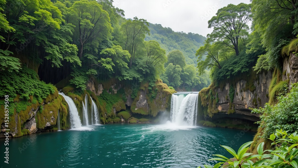 Fototapeta premium Whispers of Water: Cascading Falls Amidst Lush Green Serenity
