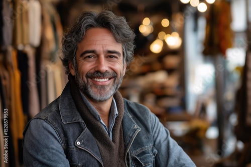 Smiling Mid-Adult Man in Retro Fashion Portrait at Local Storefront