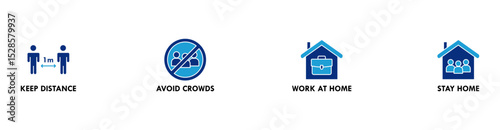 Social distancing banner web icon vector illustration concept with icon of keep distance, avoid crowds, work at home and stay home