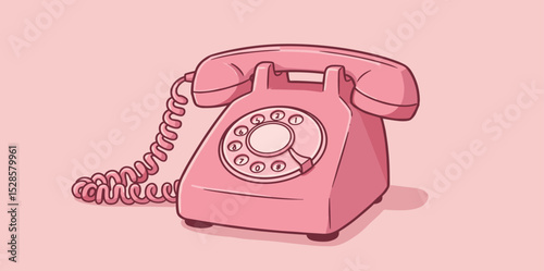 Retro dial telephone in pink color. Vintage wire phone contour drawing. Old electronic device. Cute vector clipart