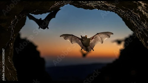 Bat Flying Out of Cave at Dusk Silhouette Slow Motion