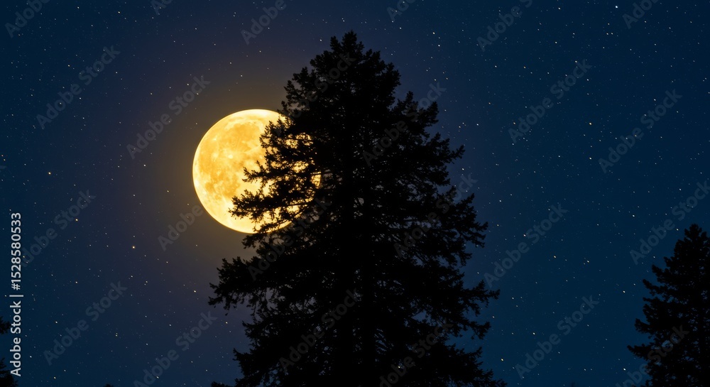 Fototapeta premium Silhouette of a tree against the golden moonlit night sky with twinkling stars