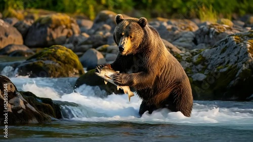 Bear Catching Fish in River Close Up Nature Wildlife
