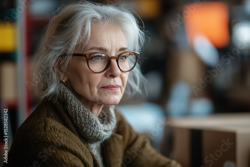 Elegant Portrait of an Elderly Woman in Contemplation. Stylish Mature Adult in Sweater with Gray Hair, Glasses, Serene Expression and Emotional Gaze - Capturing Wisdom and Nostalgia