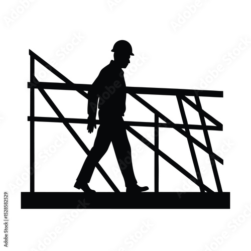 Laborer walking on steel frame vector silhouette