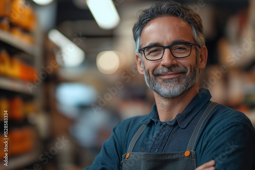 Cheerful Male Grocery Store Employee in Apron Smiling. Friendly Retail Worker in Rural Shopkeeper Role