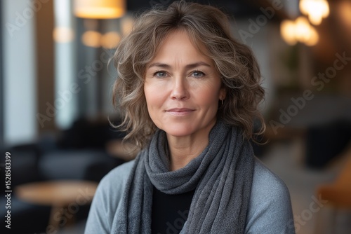 Smiling Mature Woman Indoors in Casual Lifestyle with Scarf and Soft Lighting