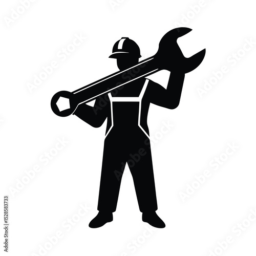 Worker holding large wrench upright vector silhouette