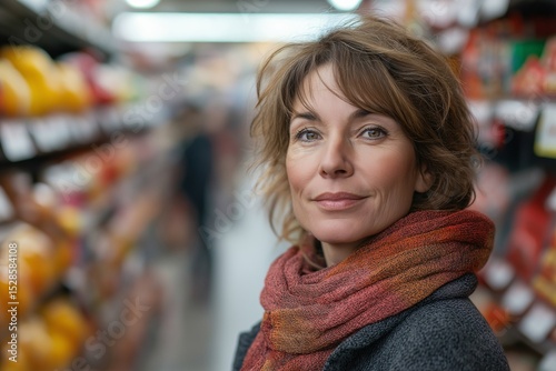 Smiling Middle-Aged Woman Grocery Shopping. Cheerful Lifestyle in Modern Fashion and Natural Light