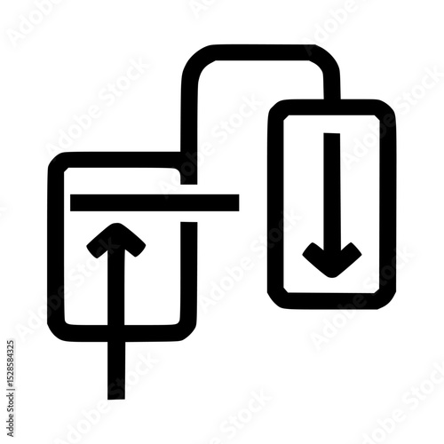 Schematic diagram showing fluid flow, with an upward arrow on the left and a downward arrow on the right.