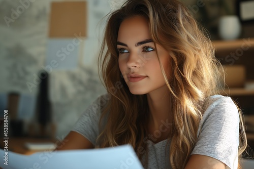 Focused Young Woman in Casual Attire Reading at Home Office Workspace with Natural Light and Vintage Decor