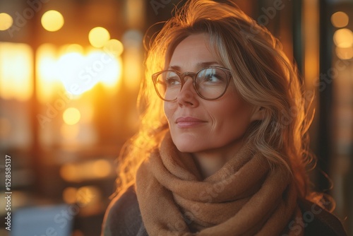 Elegant Woman's Portrait Indoors. Warm Autumn Light and Serene Contemplation at Sunset