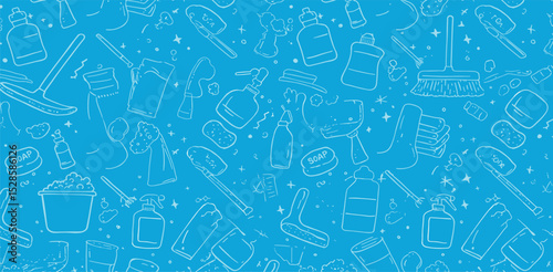 Seamless vector banner with outline cleaning icons. Background with hand drawn house work elements. Laundry sketch pattern.