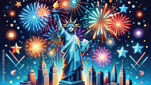 Statue of Liberty and Fireworks, A majestic, cartoon-style Statue of Liberty hold 